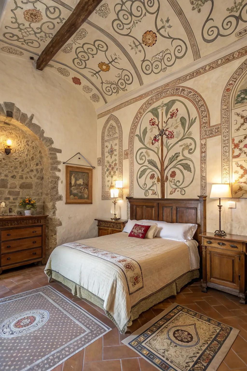 Ornamental art injects color and persona into your Tuscan-themed bedroom.