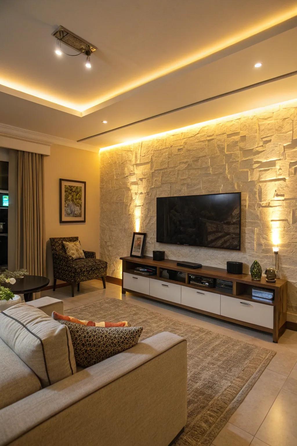 LED surrounding illumination enhances the mood of this TV feature wall.