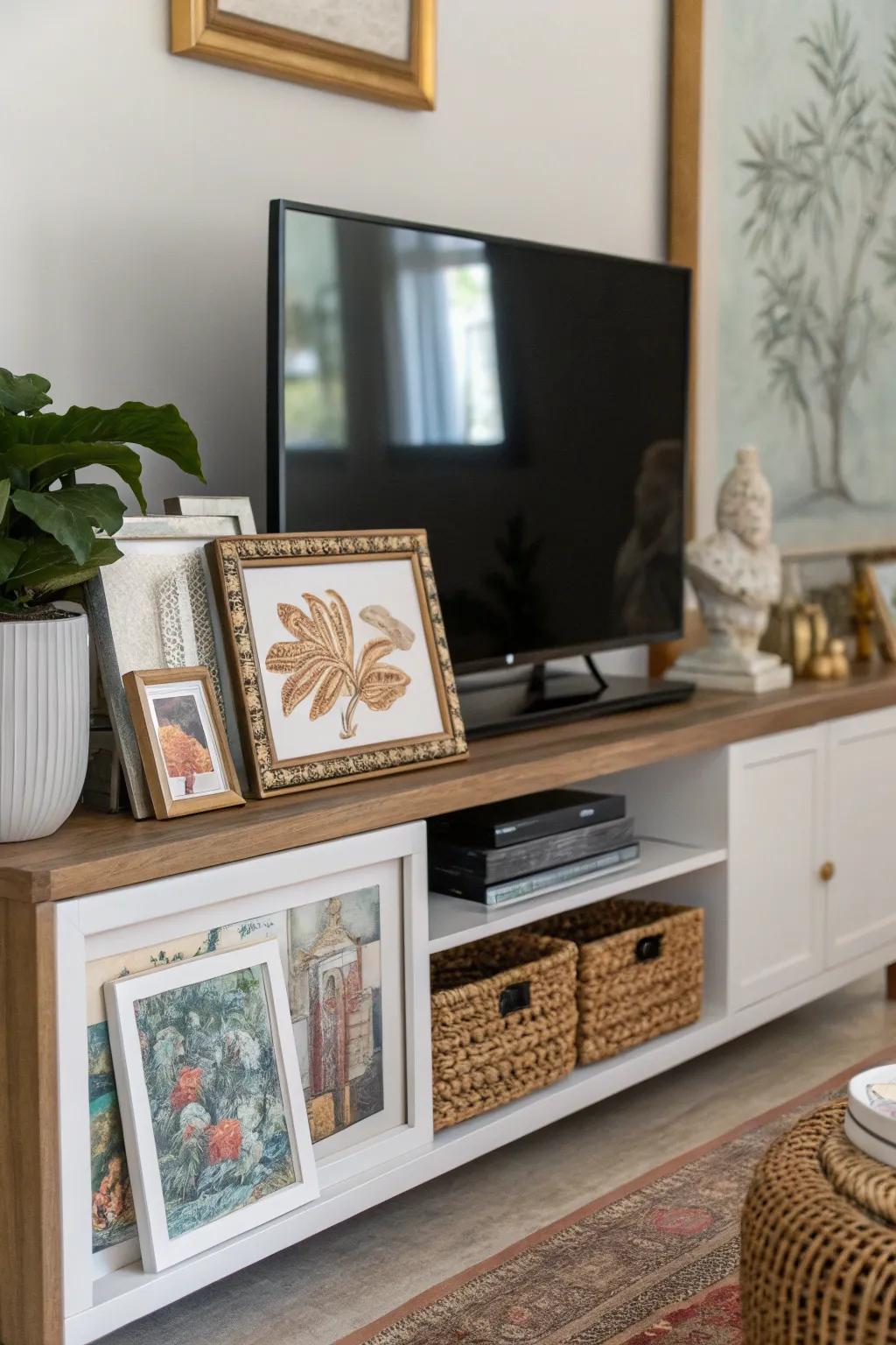 Artwork and frames adding interest to a TV stand.