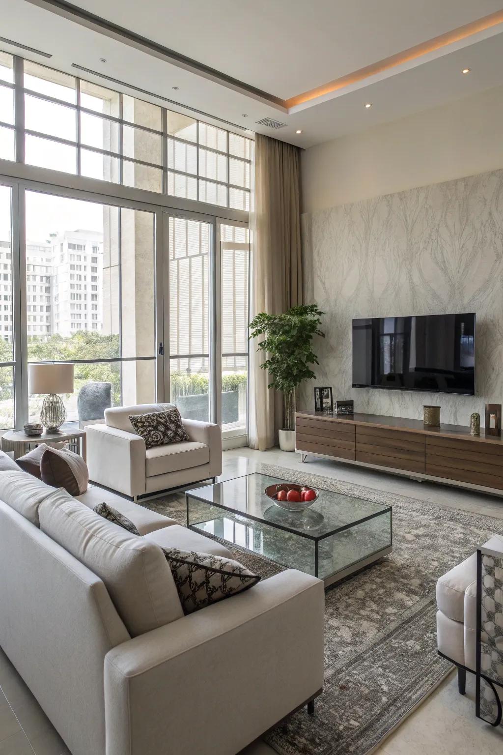 A TV wall enhanced by fashionable modern furnishings.
