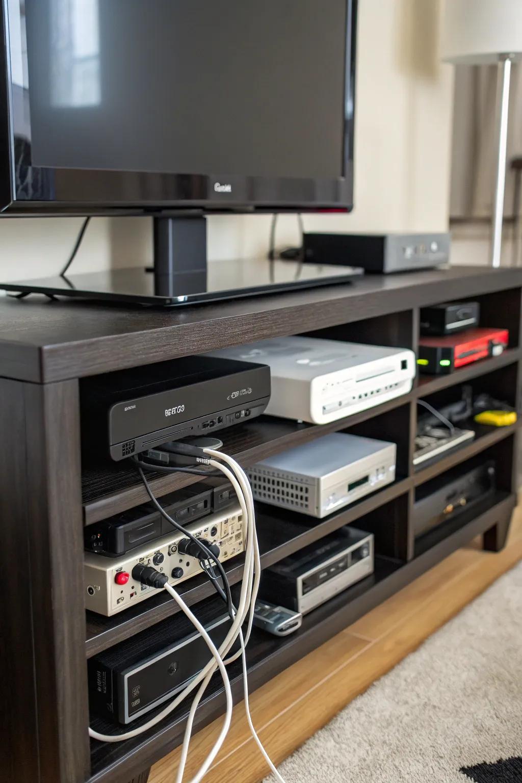 Functionality meets style with a thoughtfully arranged TV stand design.