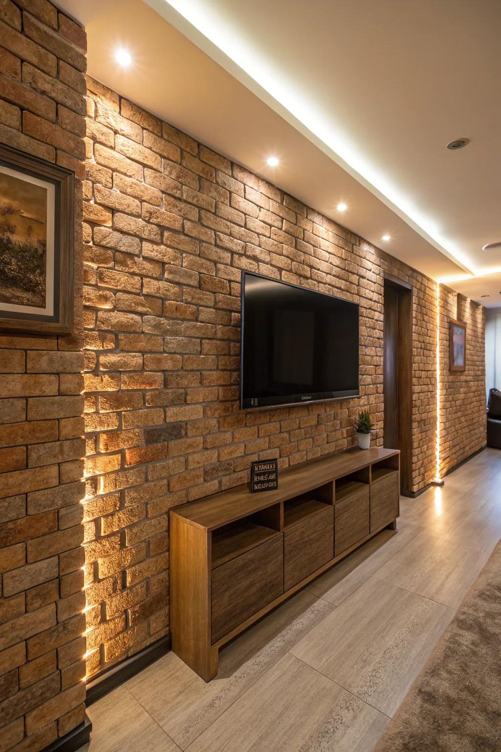 Layered finishes enrich this fashionable TV wall.