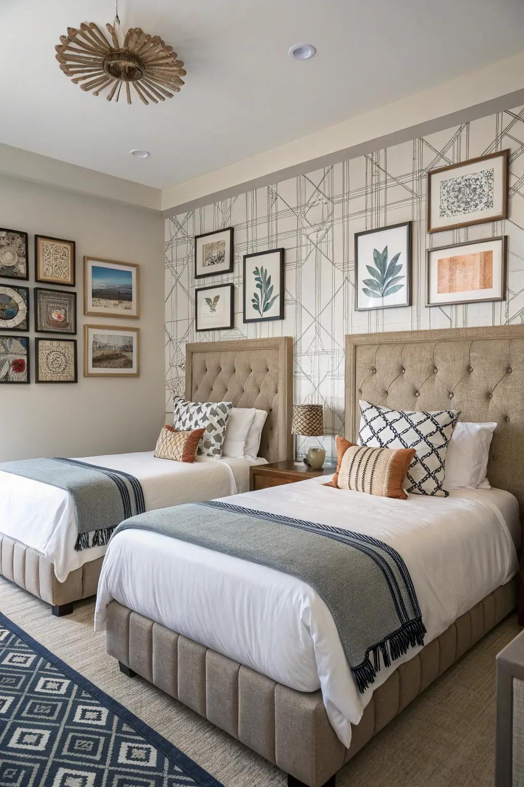 Stylish wall decor makes twin bed areas feel unique and elegant.