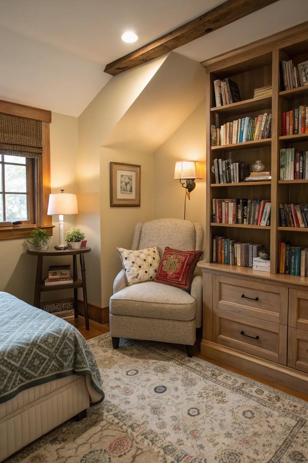 Having a reading nook offers a peaceful sanctuary inside the room, encouraging quiet contemplation.