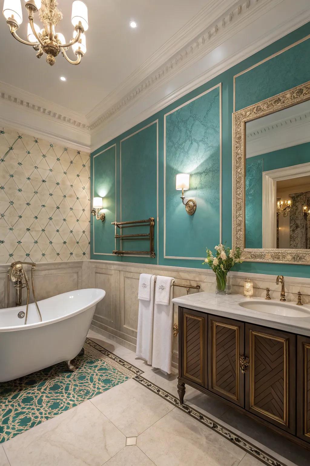 A sophisticated teal and ivory two-tone wall design that adds a hint of luxury.