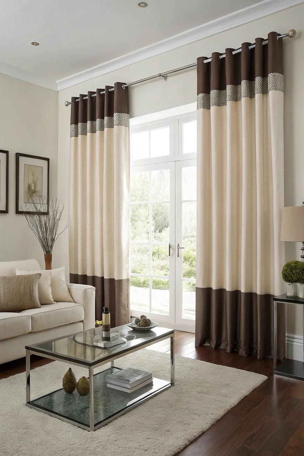 Grommet two tone curtains offering sleek functionality in a modern living room.