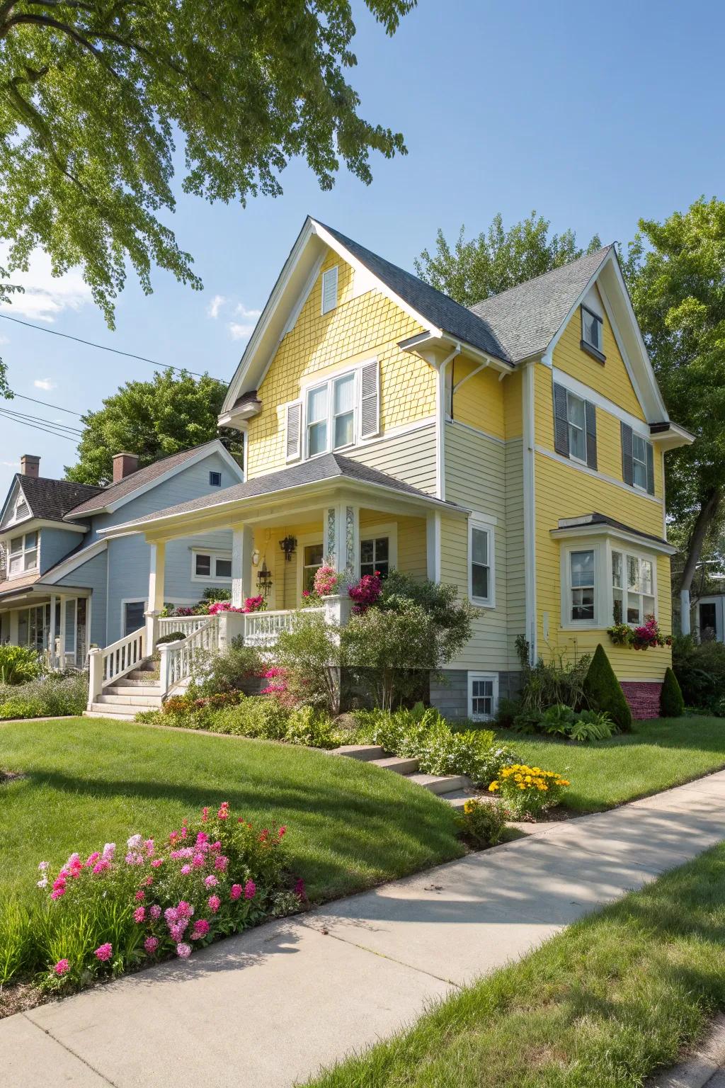 Bright yellow and soft gray siding add a splash of cheer.