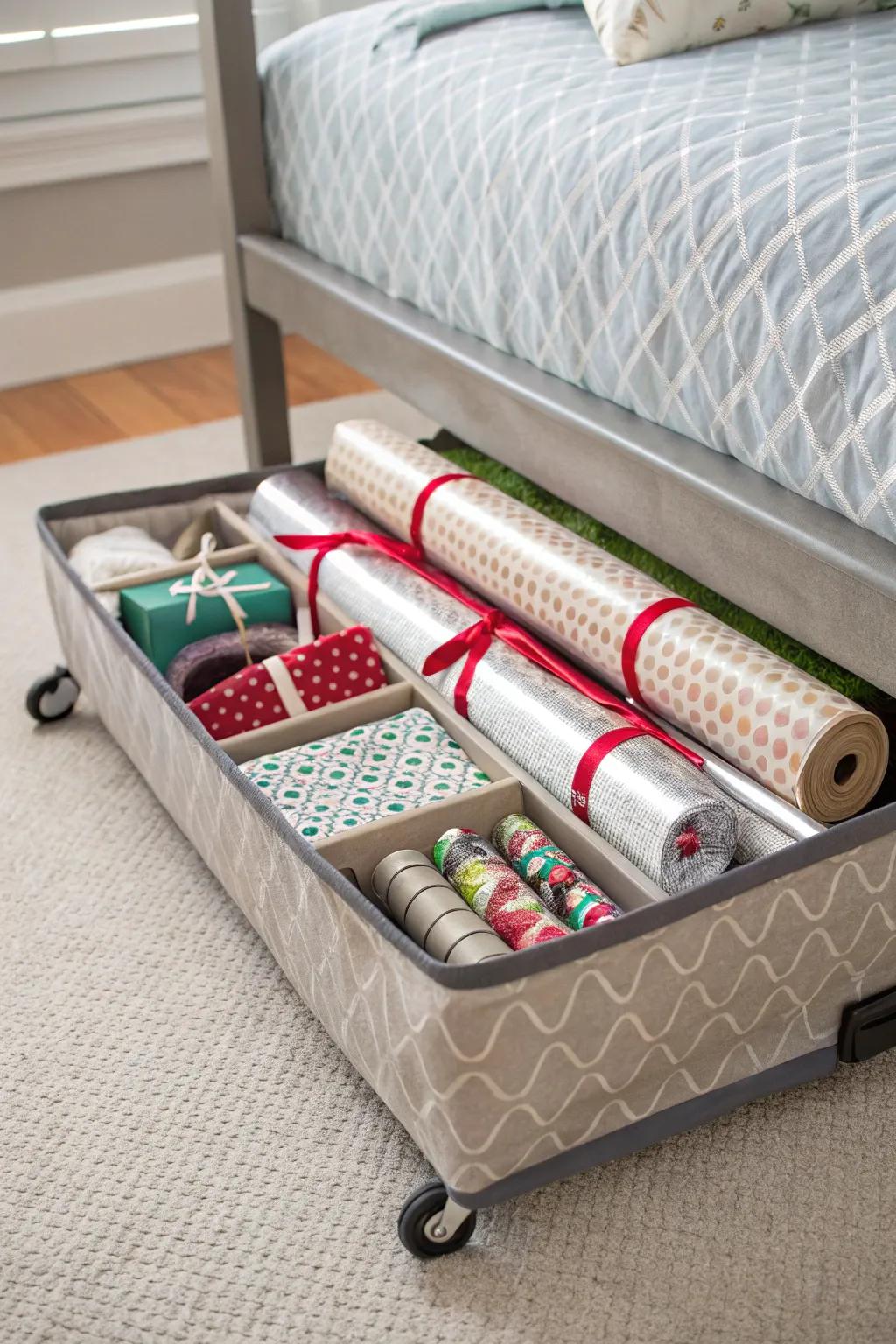 Simplify gift-wrapping with a mobile storage solution.
