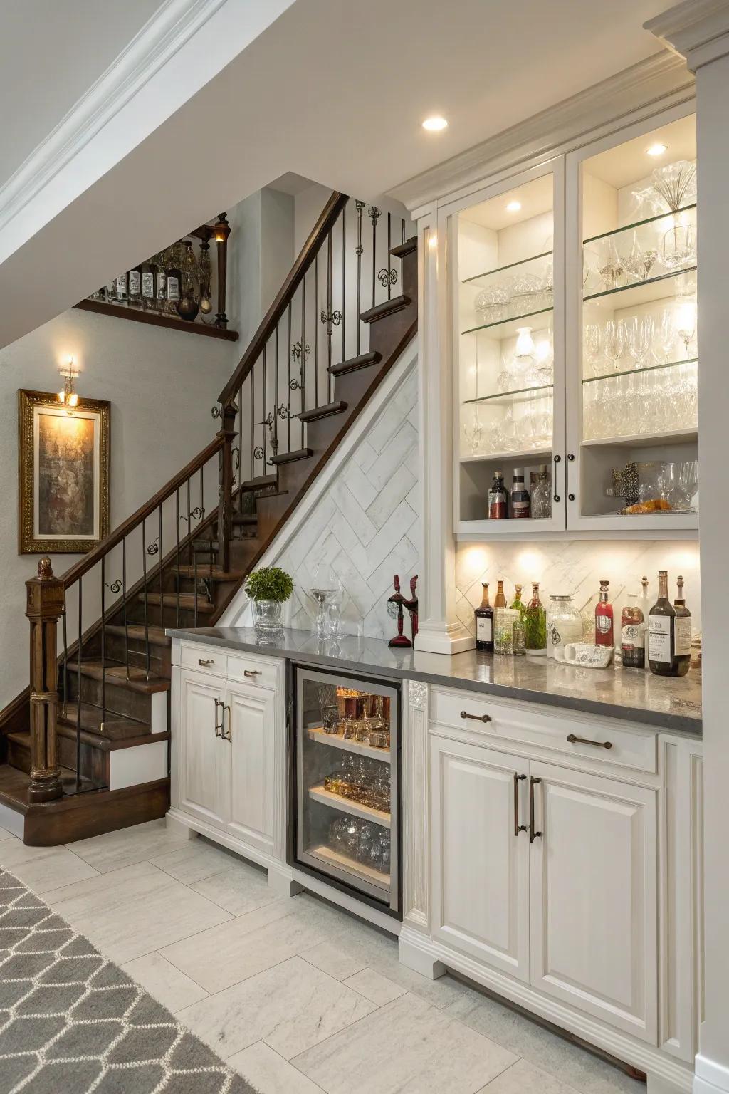 A chic beverage station for hosting under the staircase.