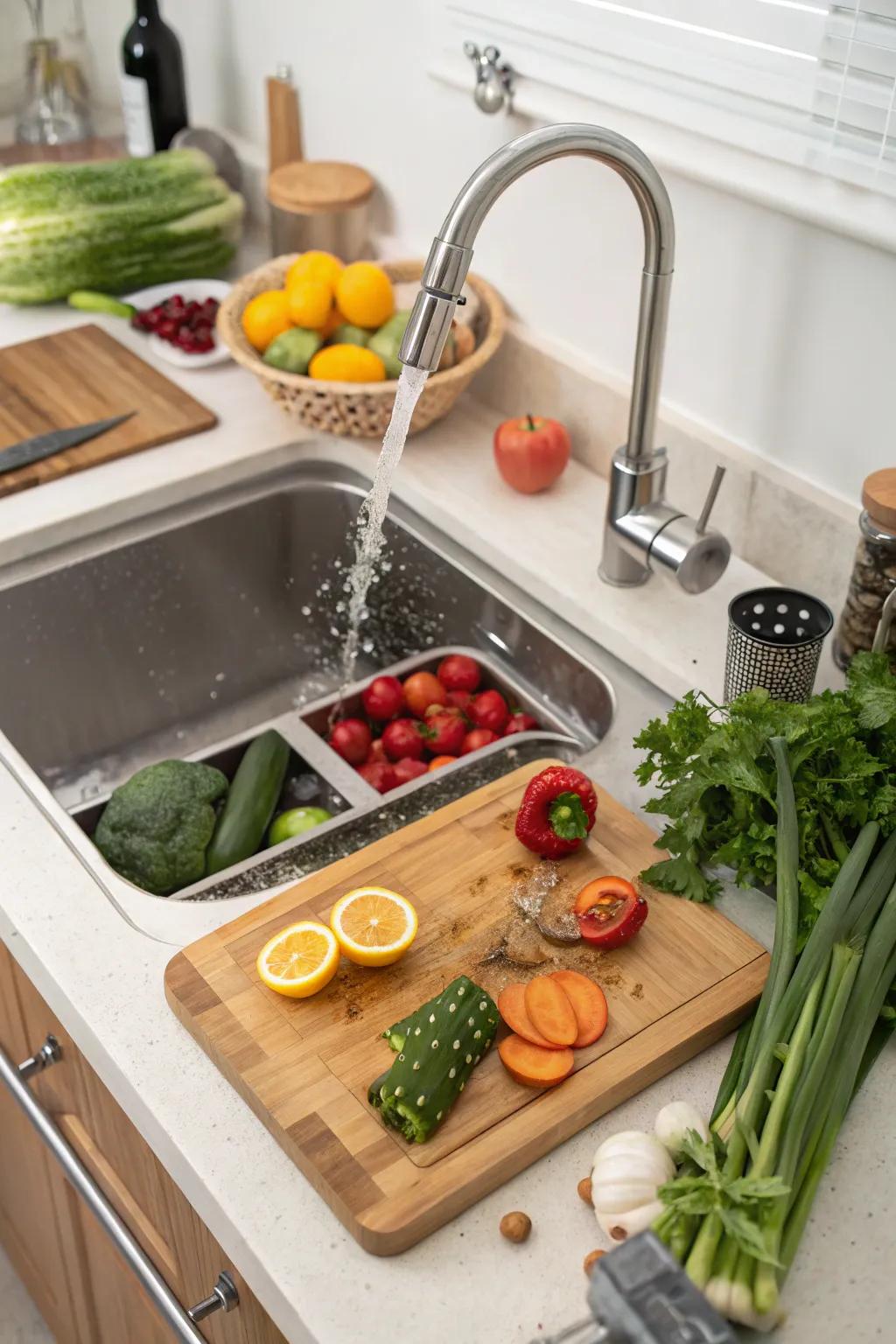 An undermount sink featuring an integrated food prep board, enhancing kitchen functionality.