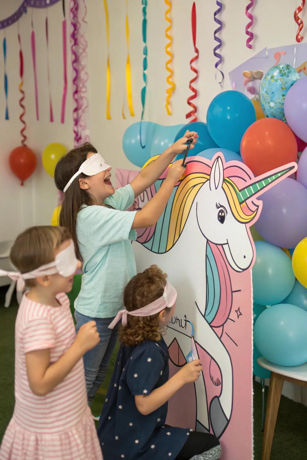 Youngsters relishing a timeless 'Fasten the Horn on the Unicorn' amusement.