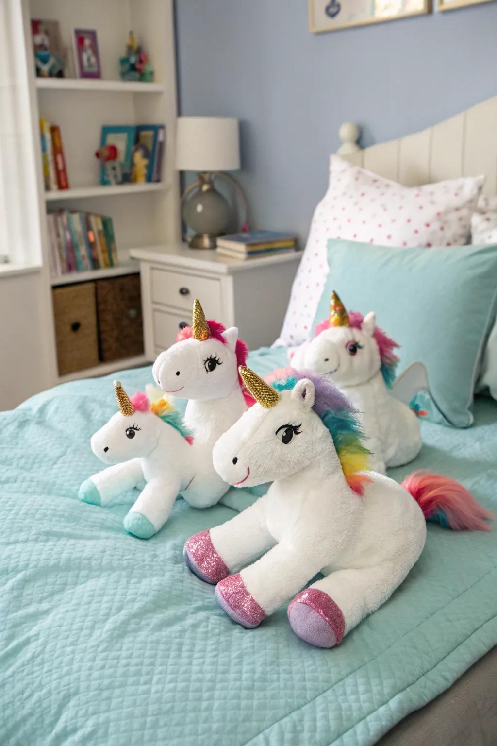 Plush unicorn toys add comfort and whimsy.