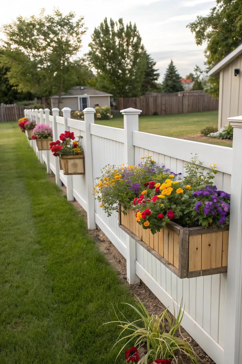 Planters along fences bring gardens to life.