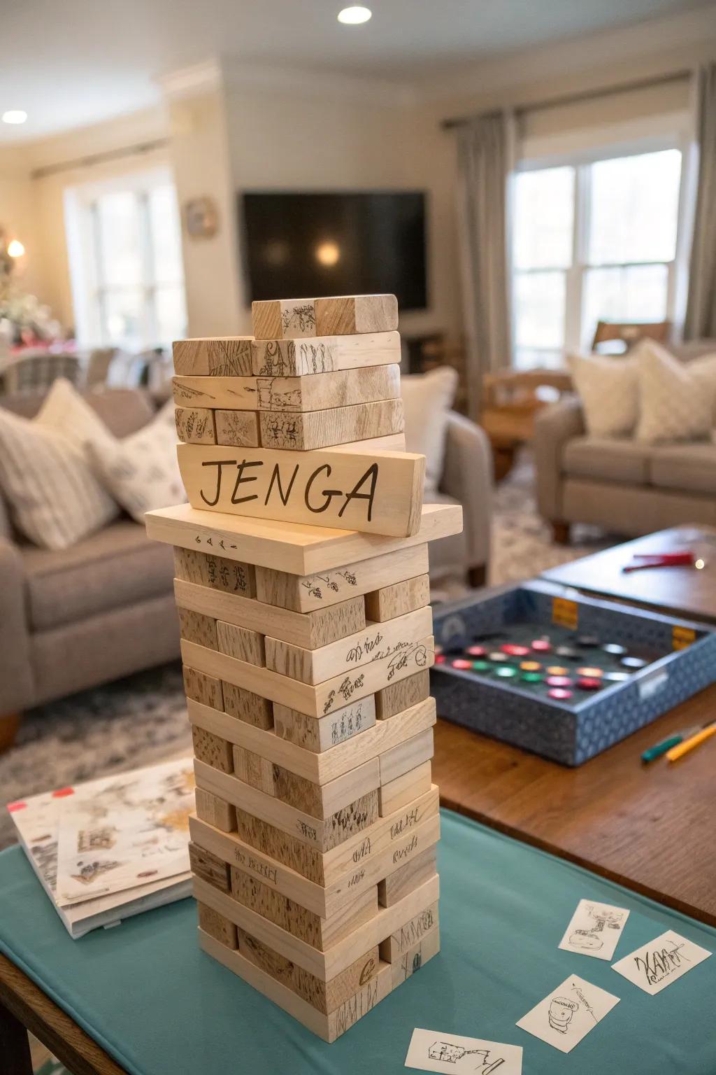Attendees sign Jenga blocks, making game night extra special.