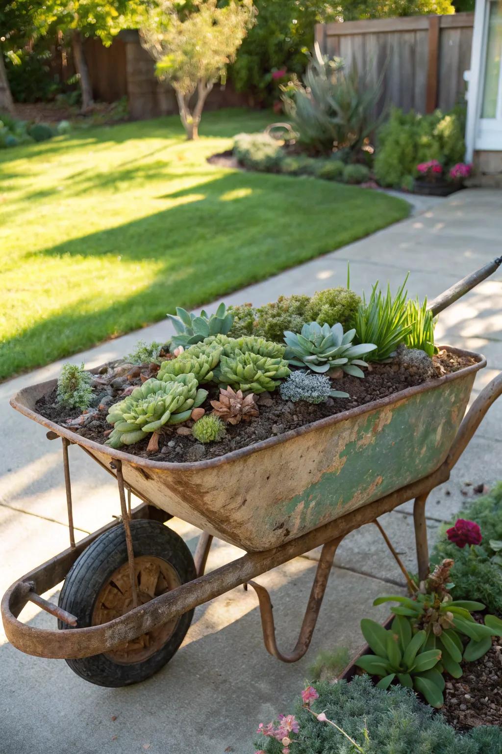 A rustic wheelbarrow transformed into a flourishing mobile succulent sanctuary.