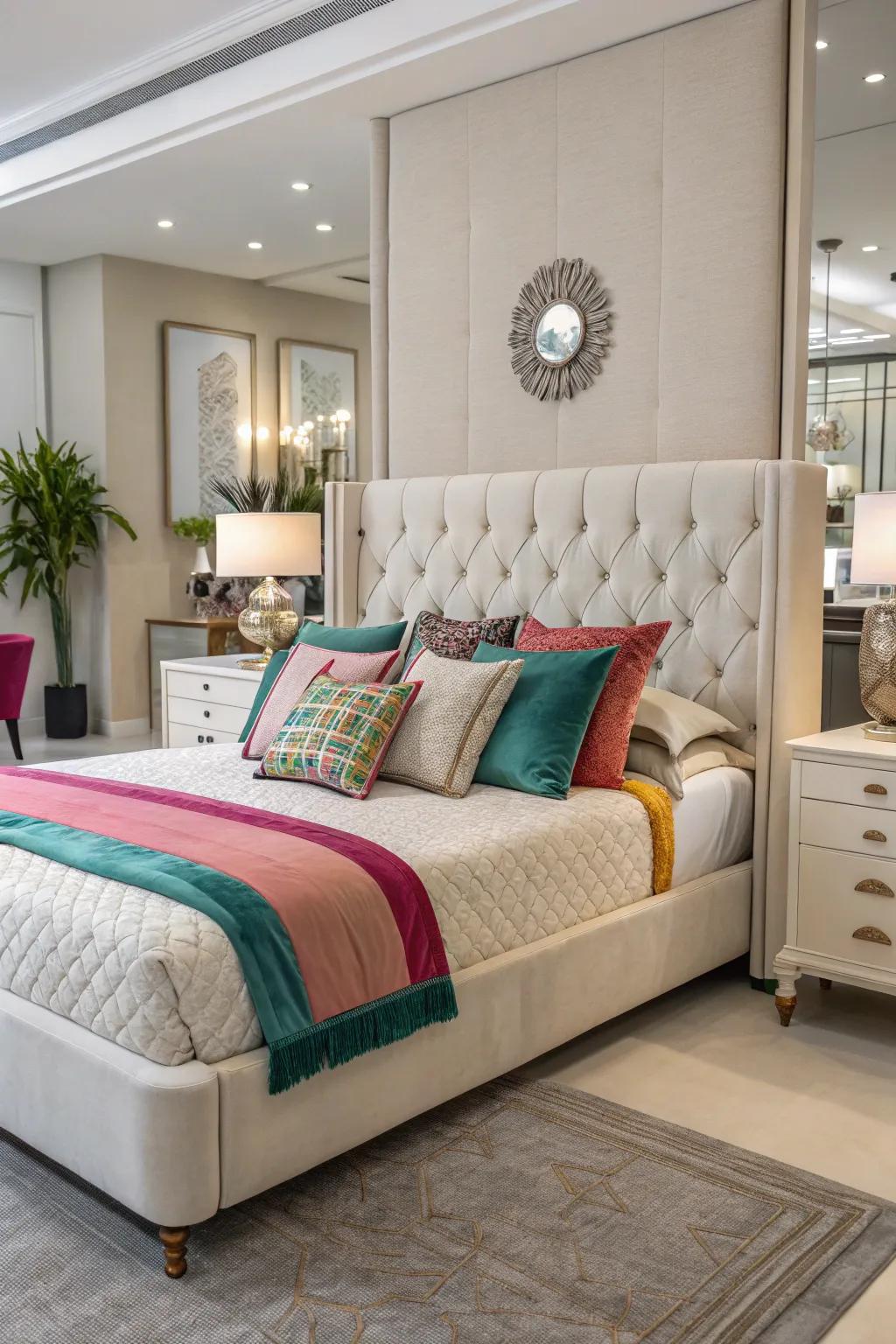 Accent cushions add color and charm to this covered bed.