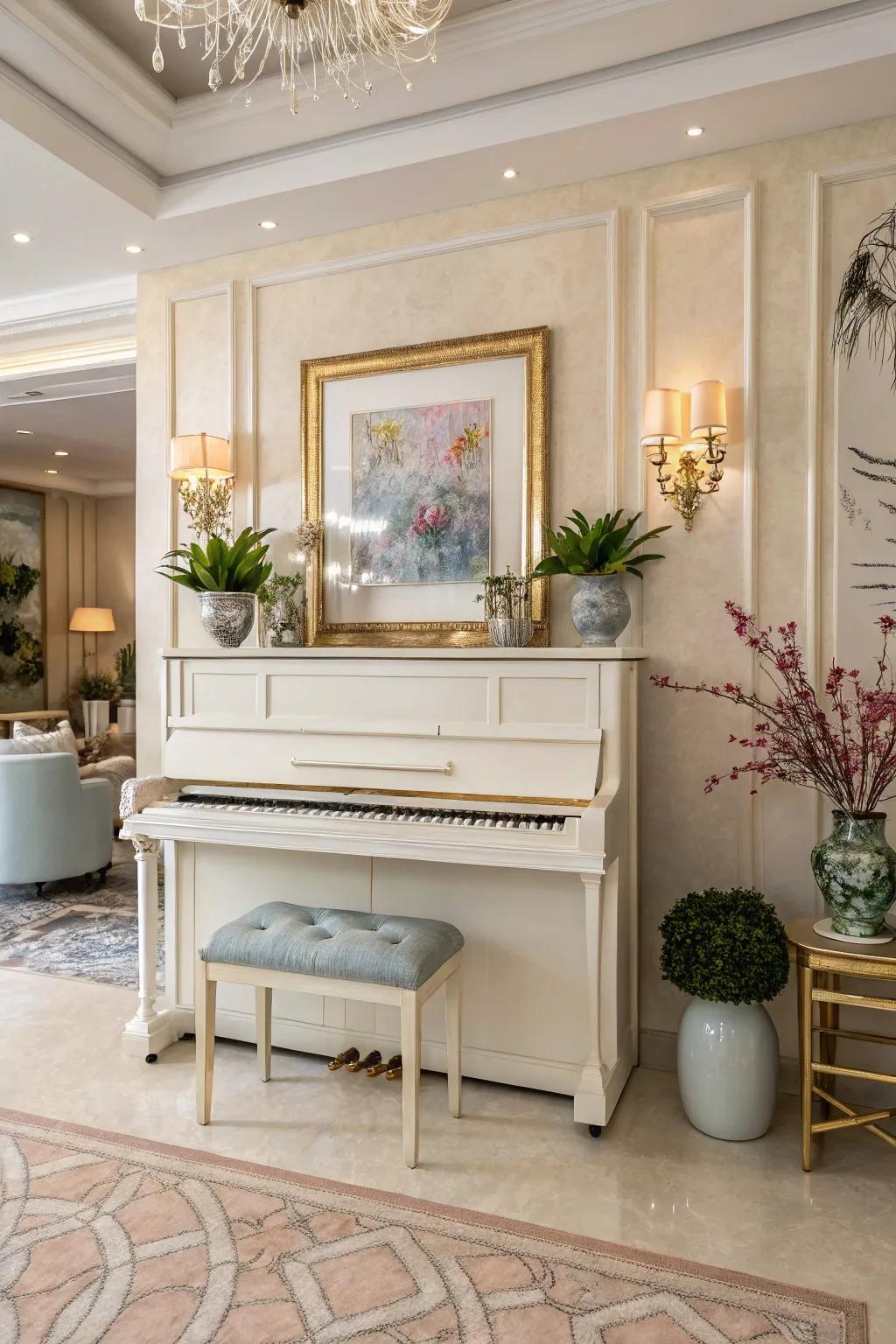 An elegant room presenting an upright piano area designed with a unified color palette.