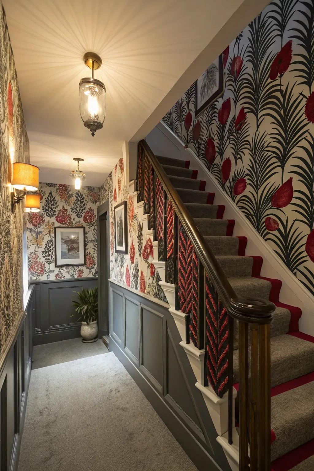 Bold wallpaper adds character to the upper hallway.