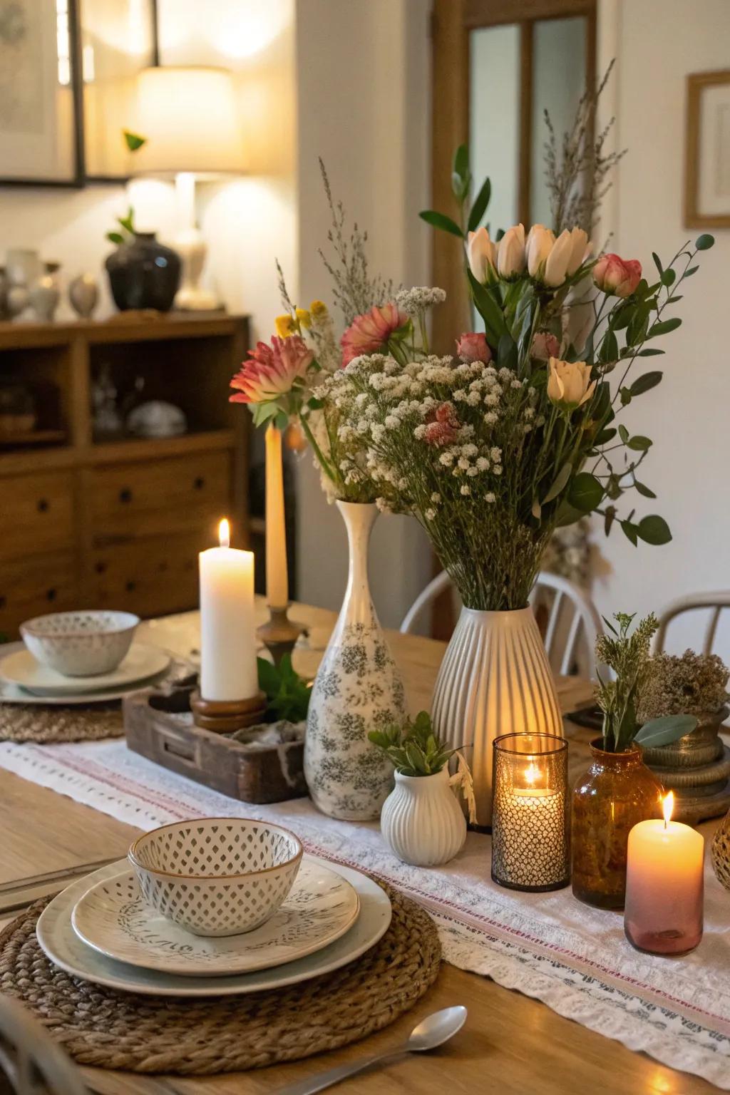 Retro vases create an eclectic centerpiece charm.