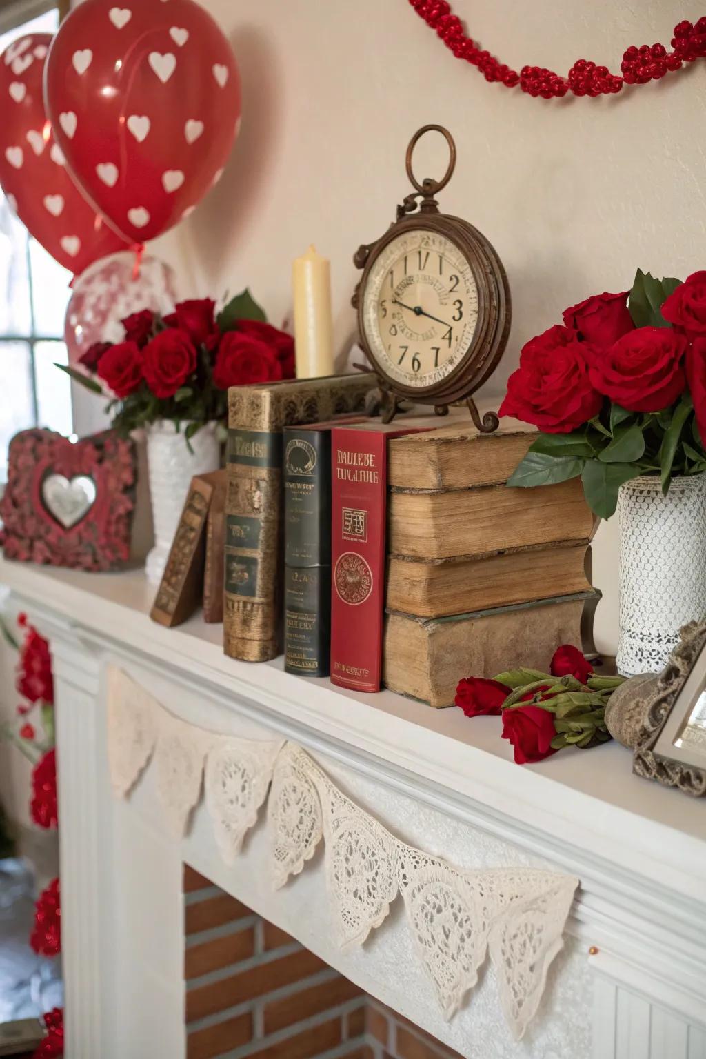 Nostalgic aged impressions enhancing the mantel's allure.