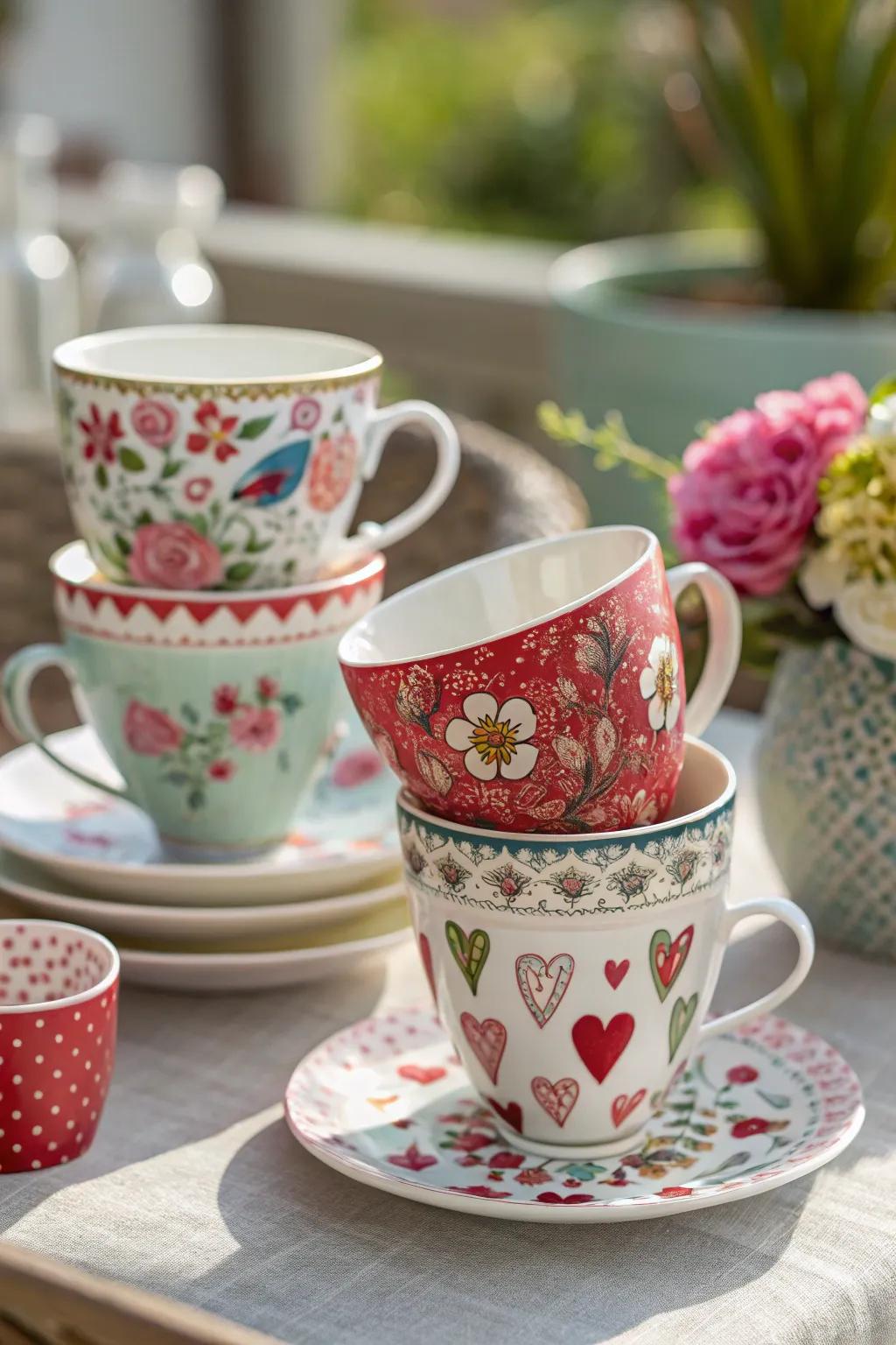 Charming ornate tea vessels featuring botanical and heart motifs.