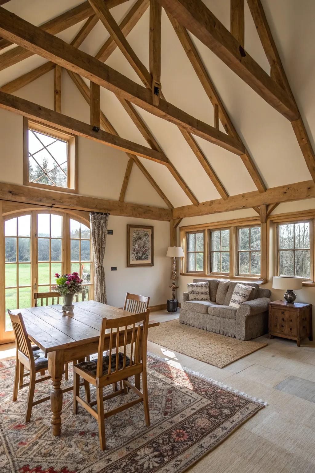 Provincial attractiveness achieved through unveiled framework on a vaulted ceiling.
