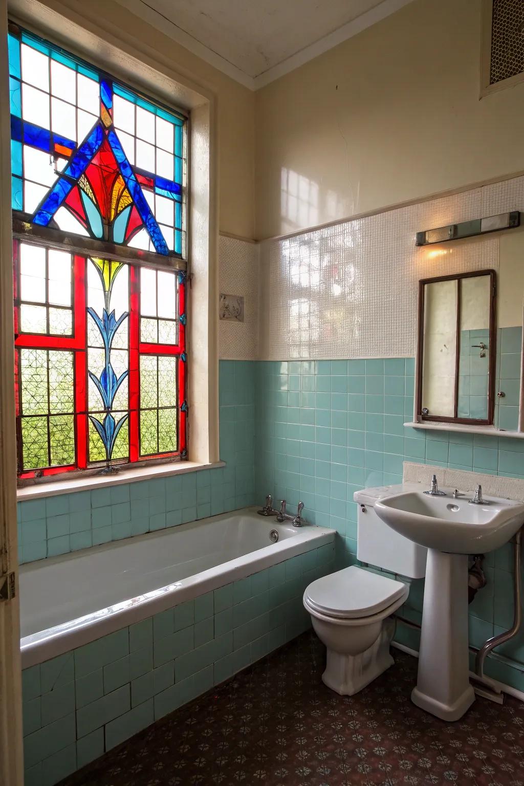 Dyed glass panels construct a vibrant, artistic atmosphere.