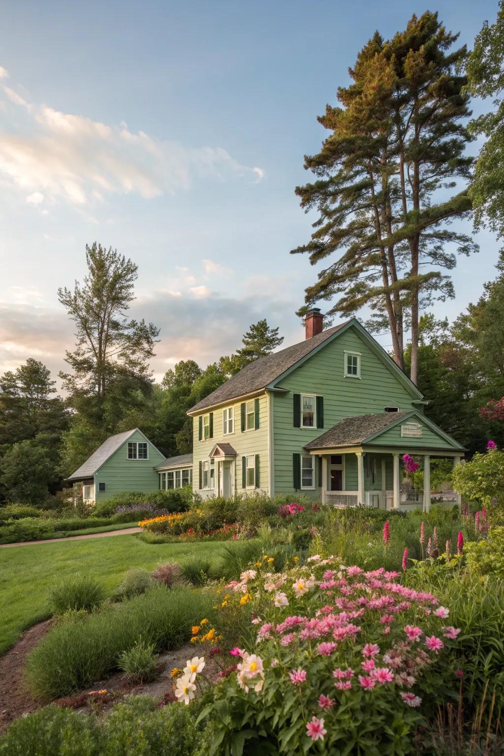 Soft green cladding fosters a peaceful connection with nature.
