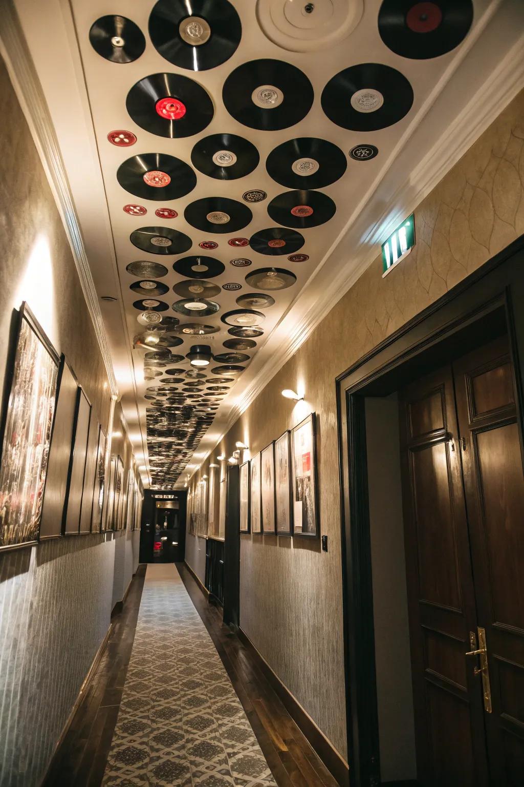 Create a surprising effect by decorating your ceiling with vinyl records.