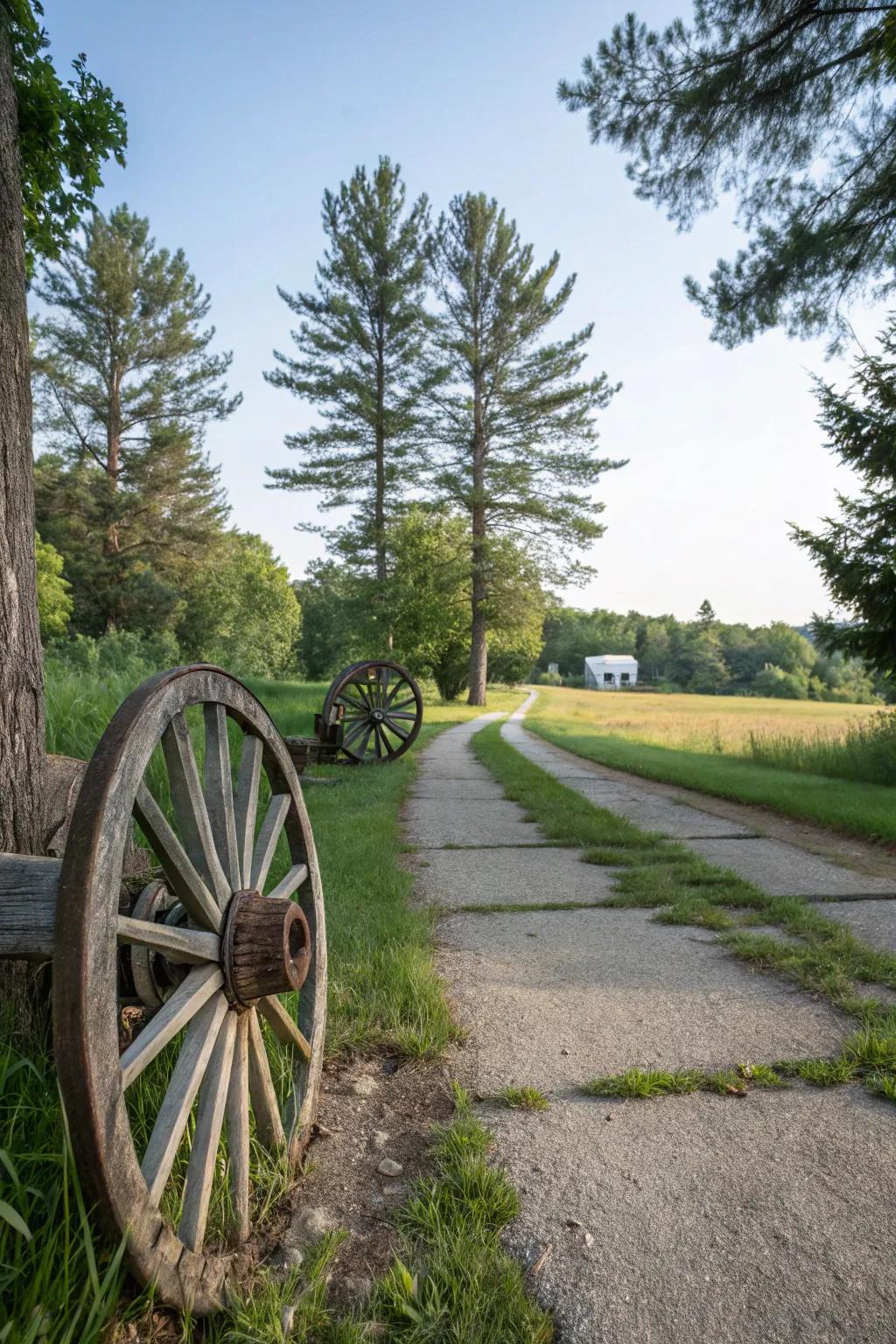 Cartwheels elegantly marking a drive, elevating its country-style appeal.