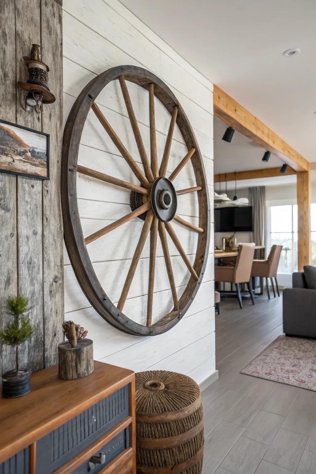 Mixed media material brings the cart wheel to life within this modern countryside decor.