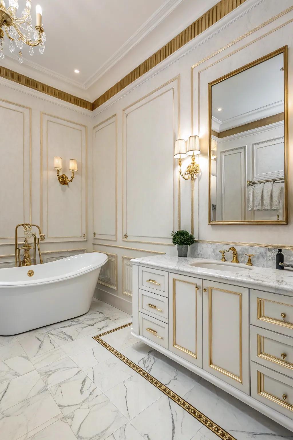 Gold-edged paneling adds a lavish radiance to your bathroom.