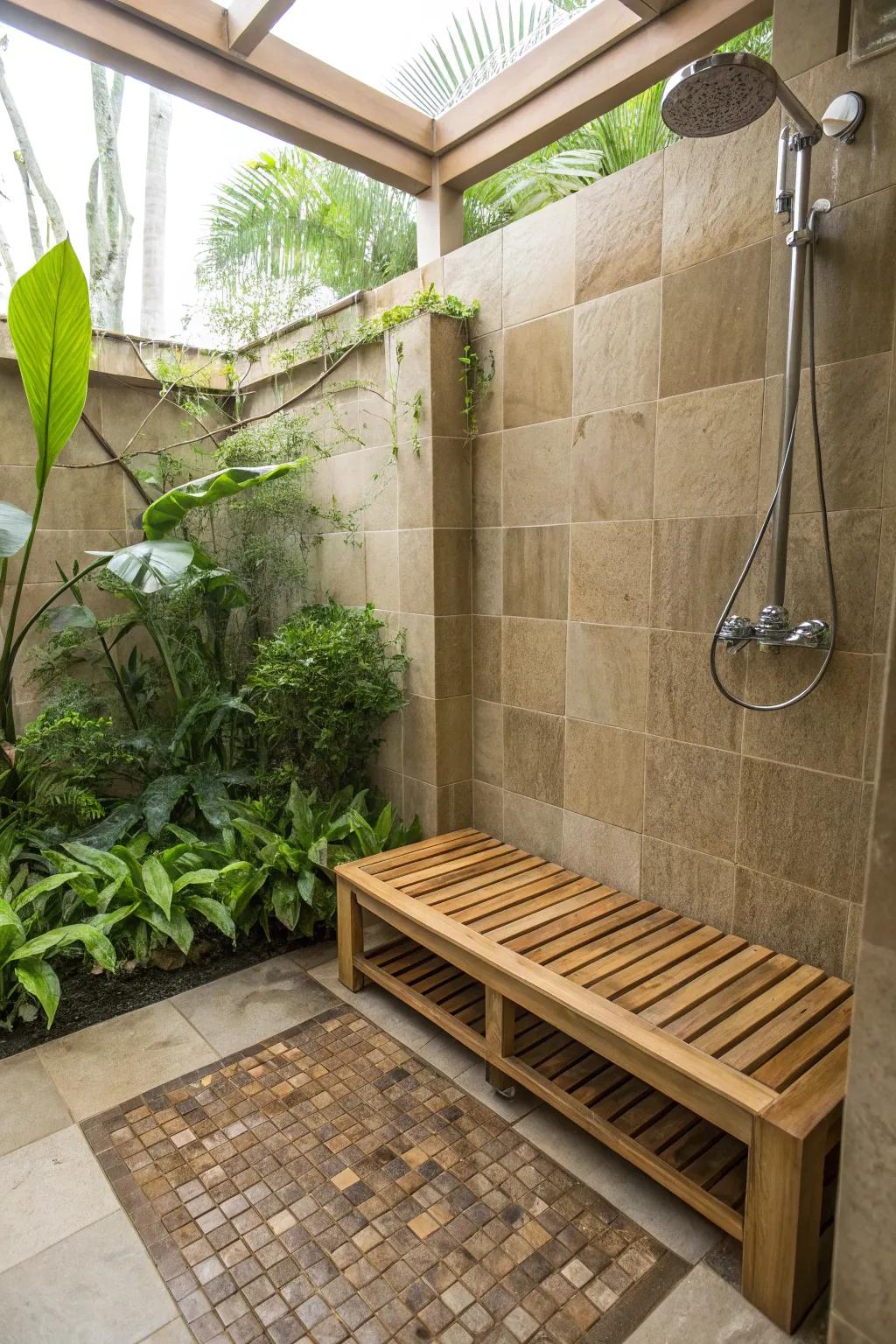 An eco-friendly bamboo bench brings warmth and sustainability to the shower.