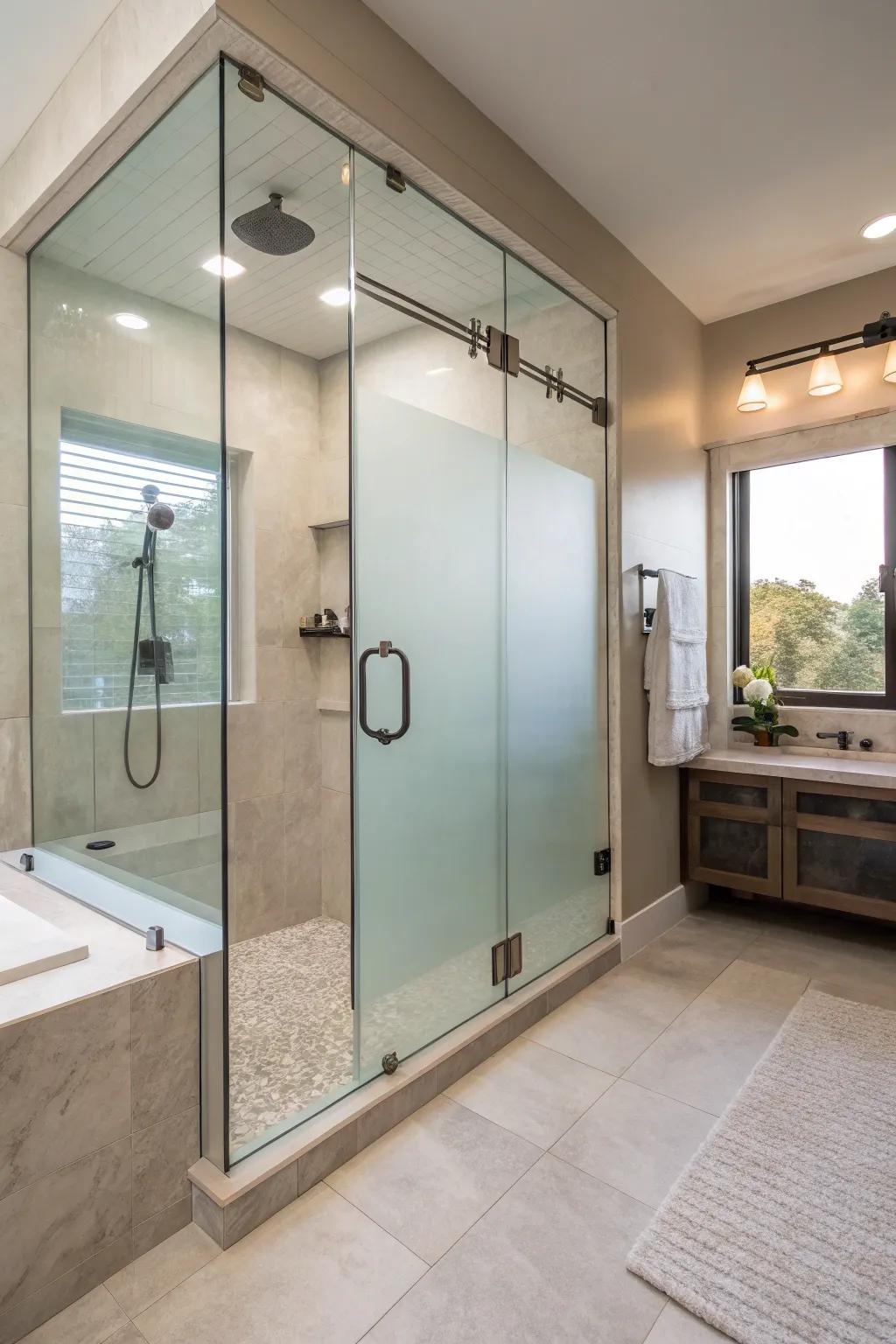 Obscured glass segments combine privacy with a modern look in this walk-in shower.