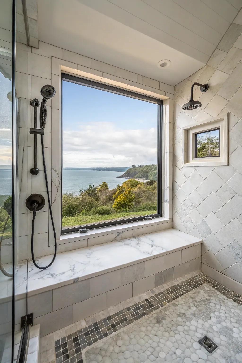 A walk-in shower that features a window seat, ideal for resting and soaking in the surroundings.
