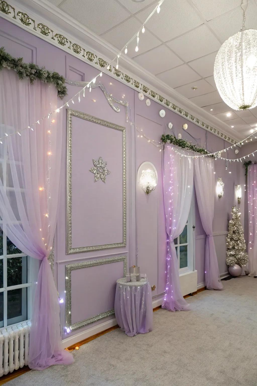 Dreamy and enchanting, featuring lilac walls and silver trim.