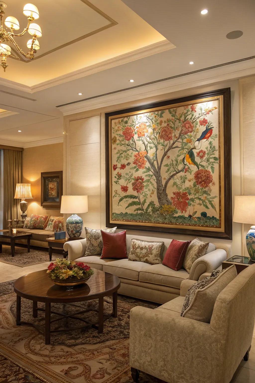 A living area featuring a large centerpiece artwork.
