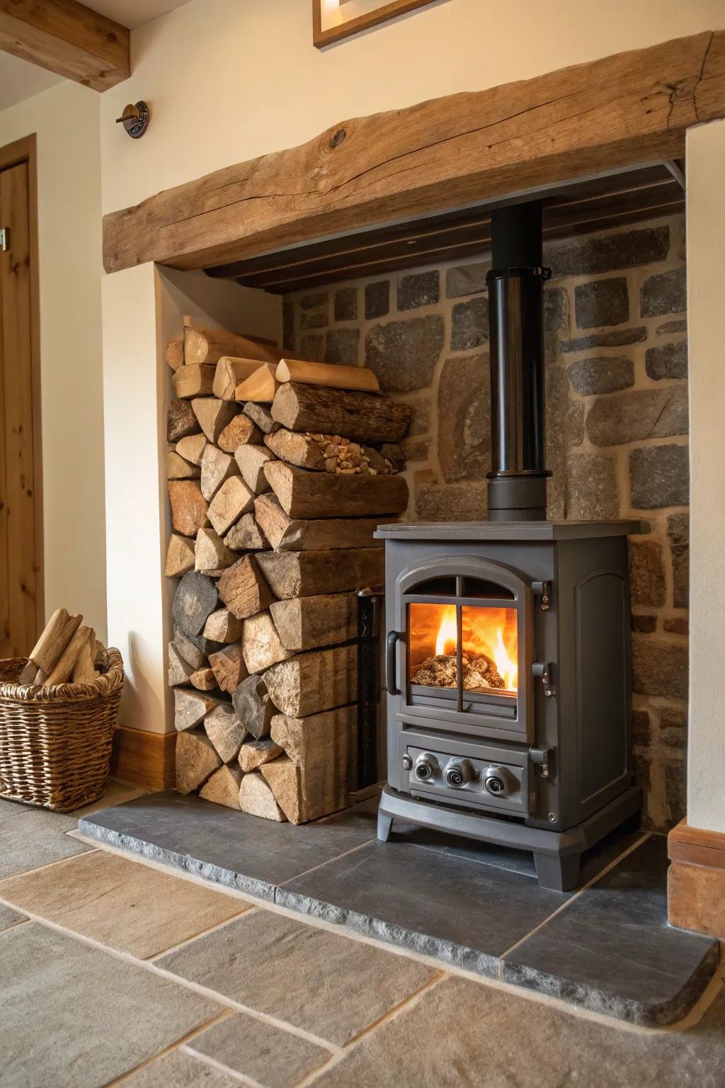 Built-in wood storage blends functionality with aesthetic appeal.