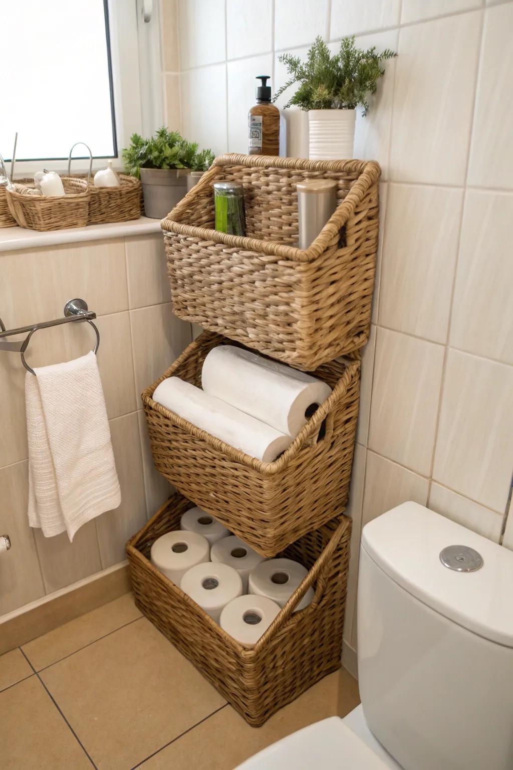Enhance your bathroom's texture with natural woven baskets.