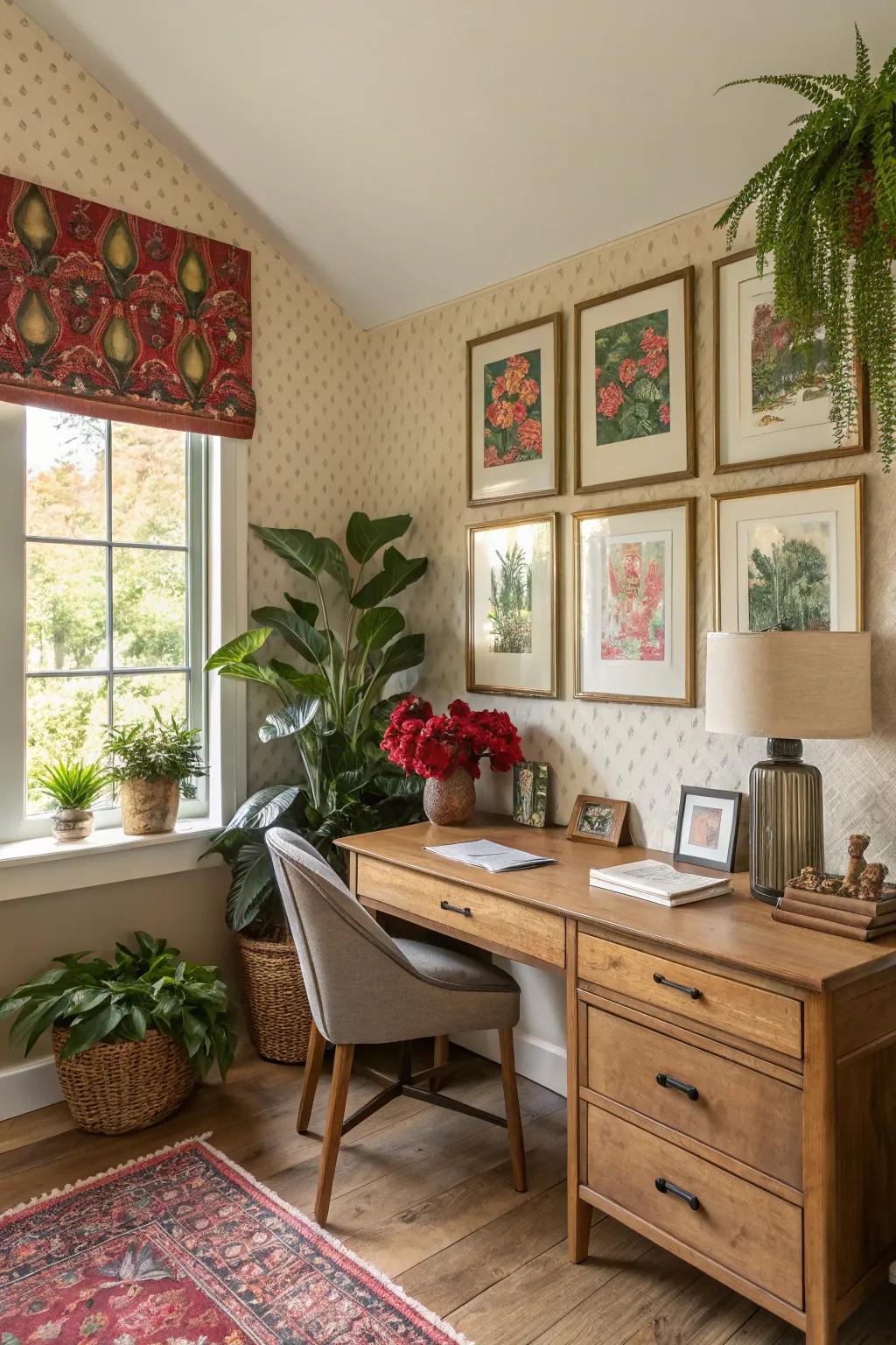 Highlighted partitions featuring flora and artwork establish a captivating display.
