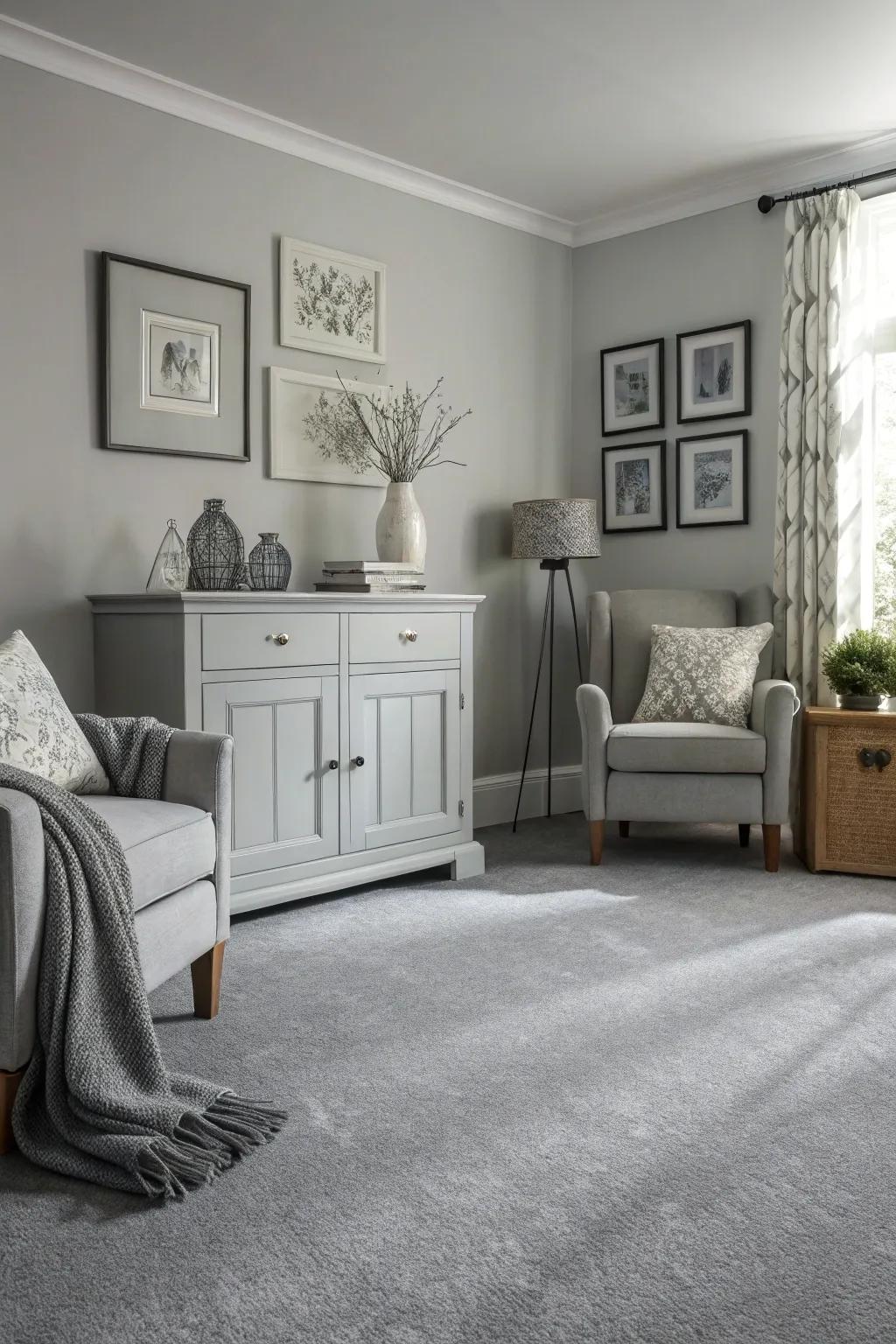 Single-color carpets fashion a consistent and fashionable space.