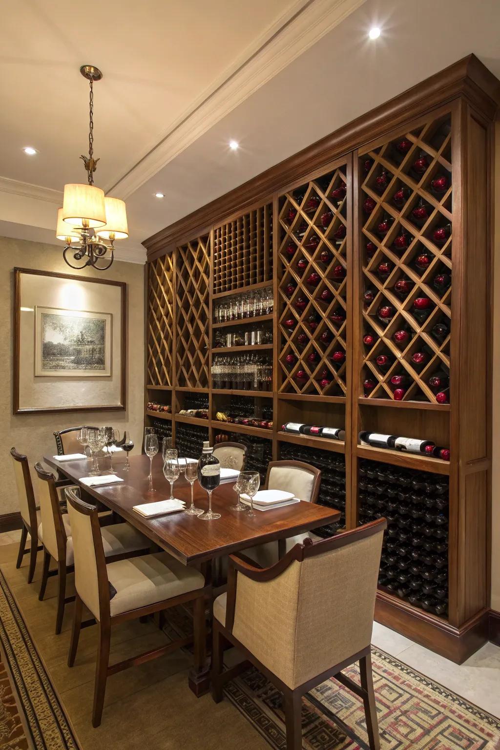 A striking wine organizer transforms dining spaces.