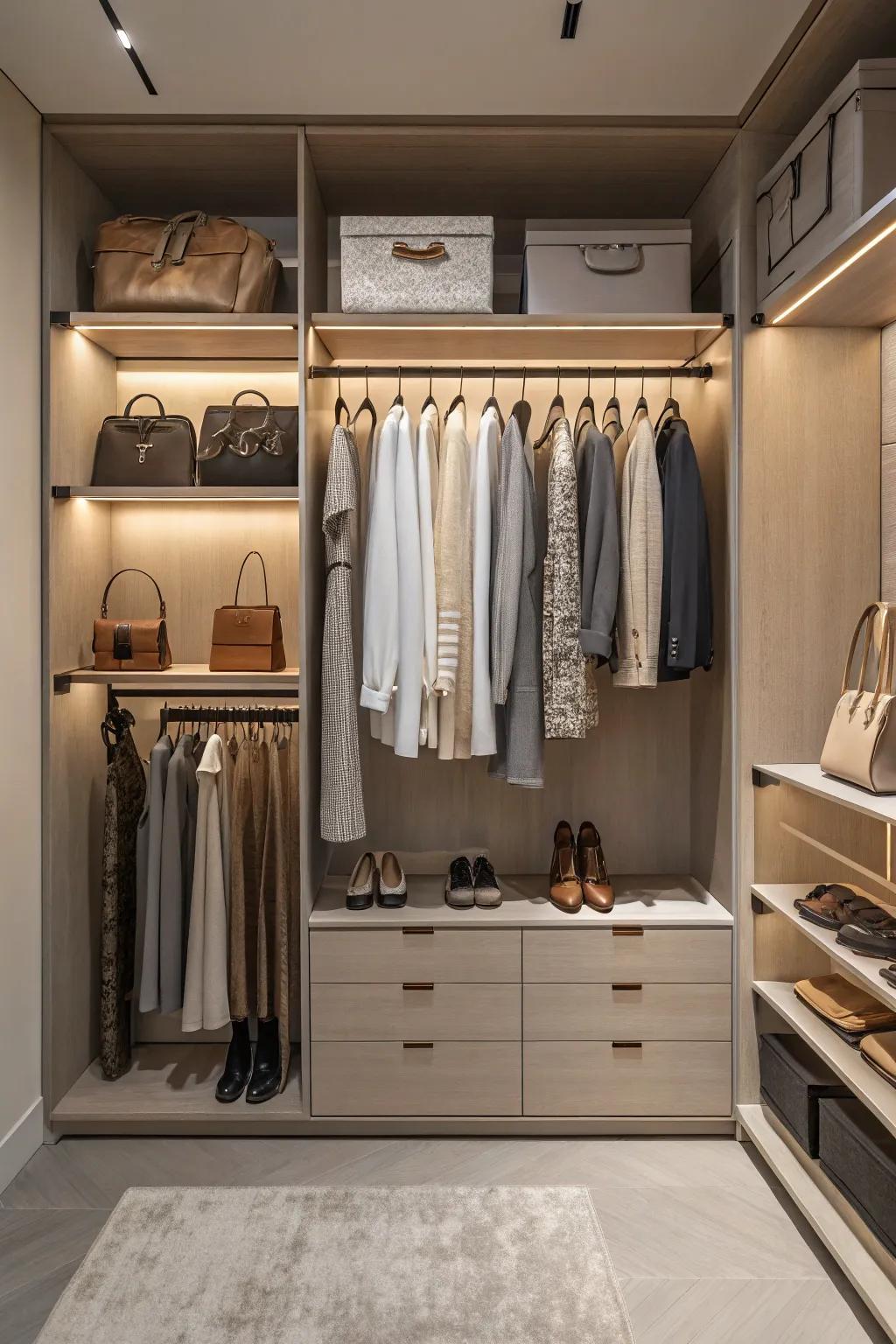 Subdued shades provide a classic charm in wardrobe layouts.