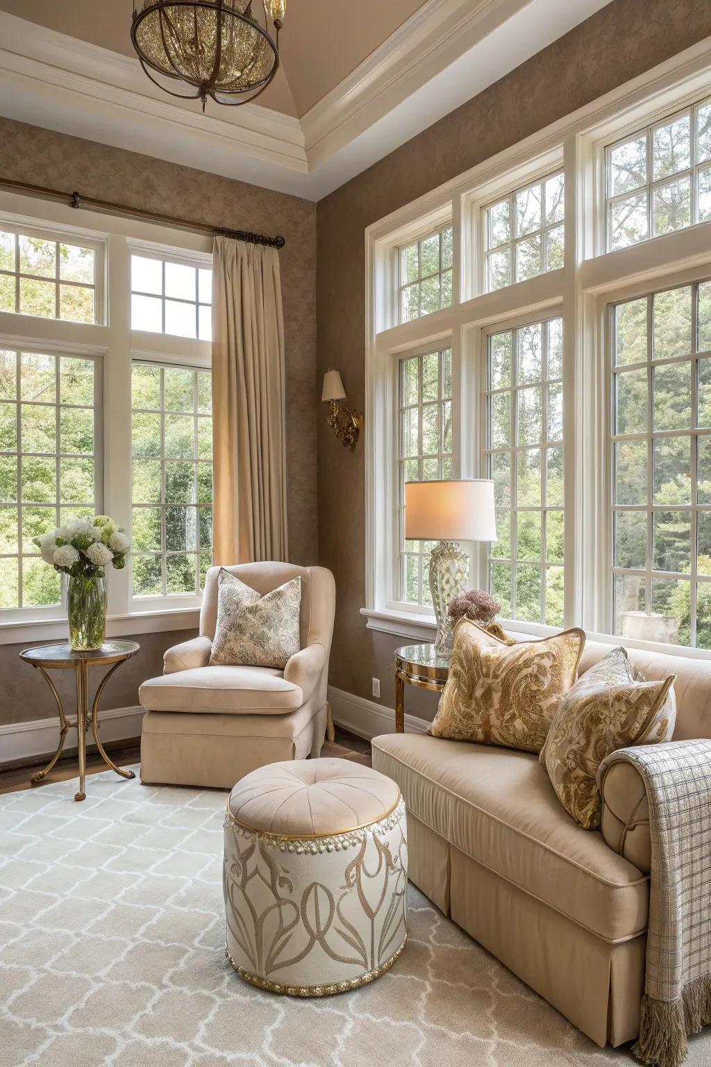 A sunroom with fawn walls, radiating neutral panache and balance.