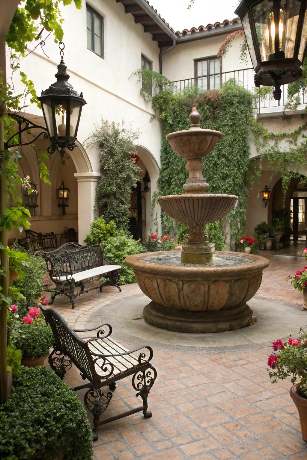 A syrup pan fountain appends rustic elegance to your courtyard.