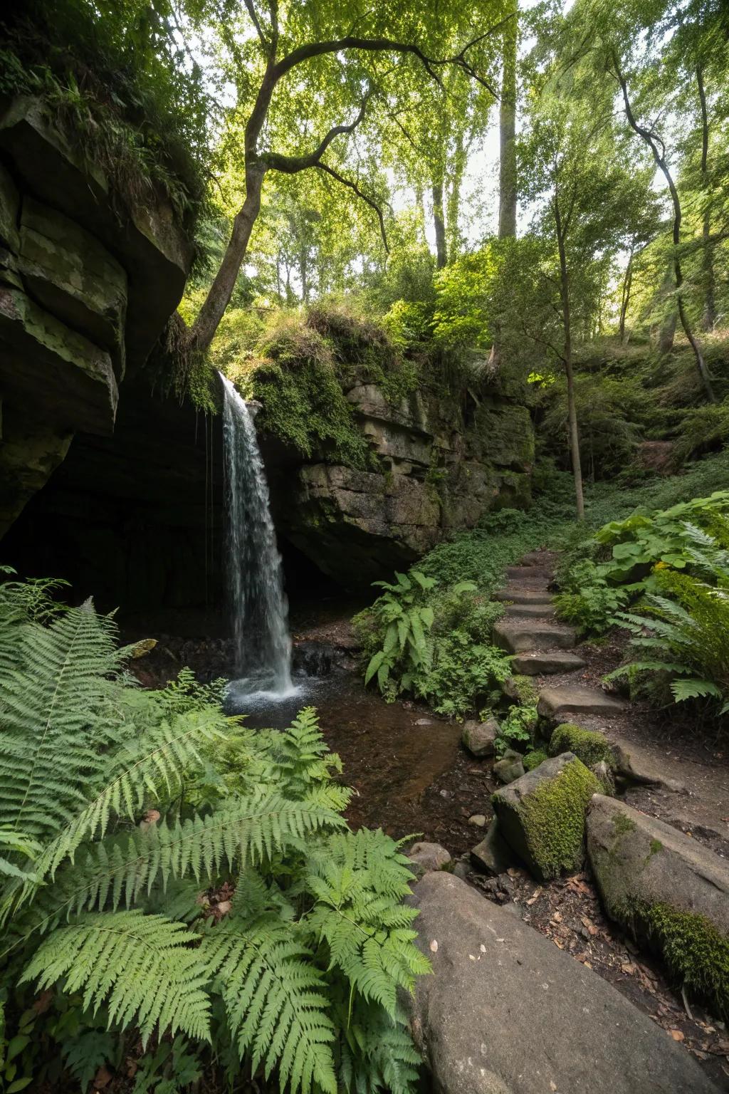 A hidden cave waterfall crafts a magical garden escape.