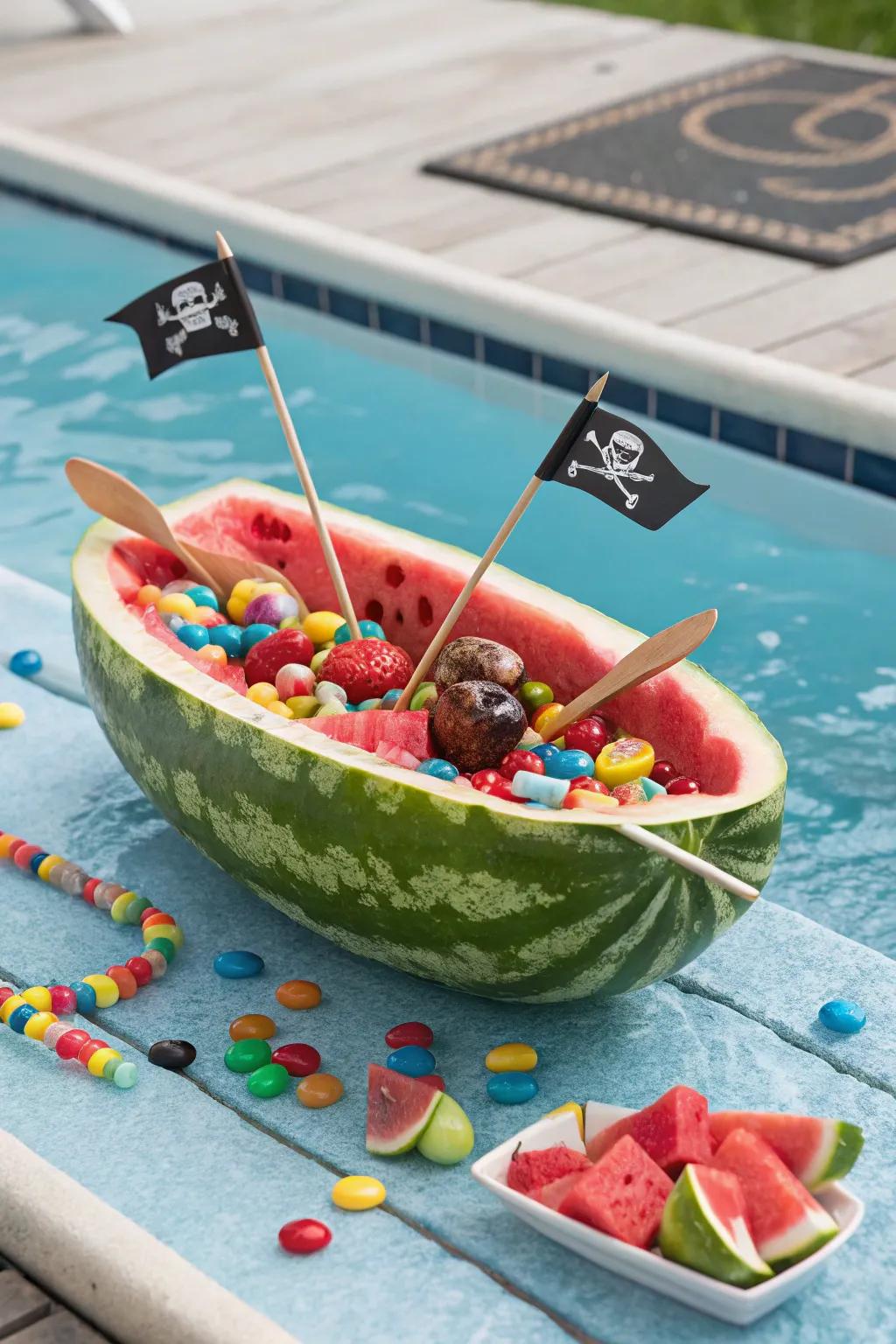 A playful pirate raft featuring candy treasure and skewer oars.