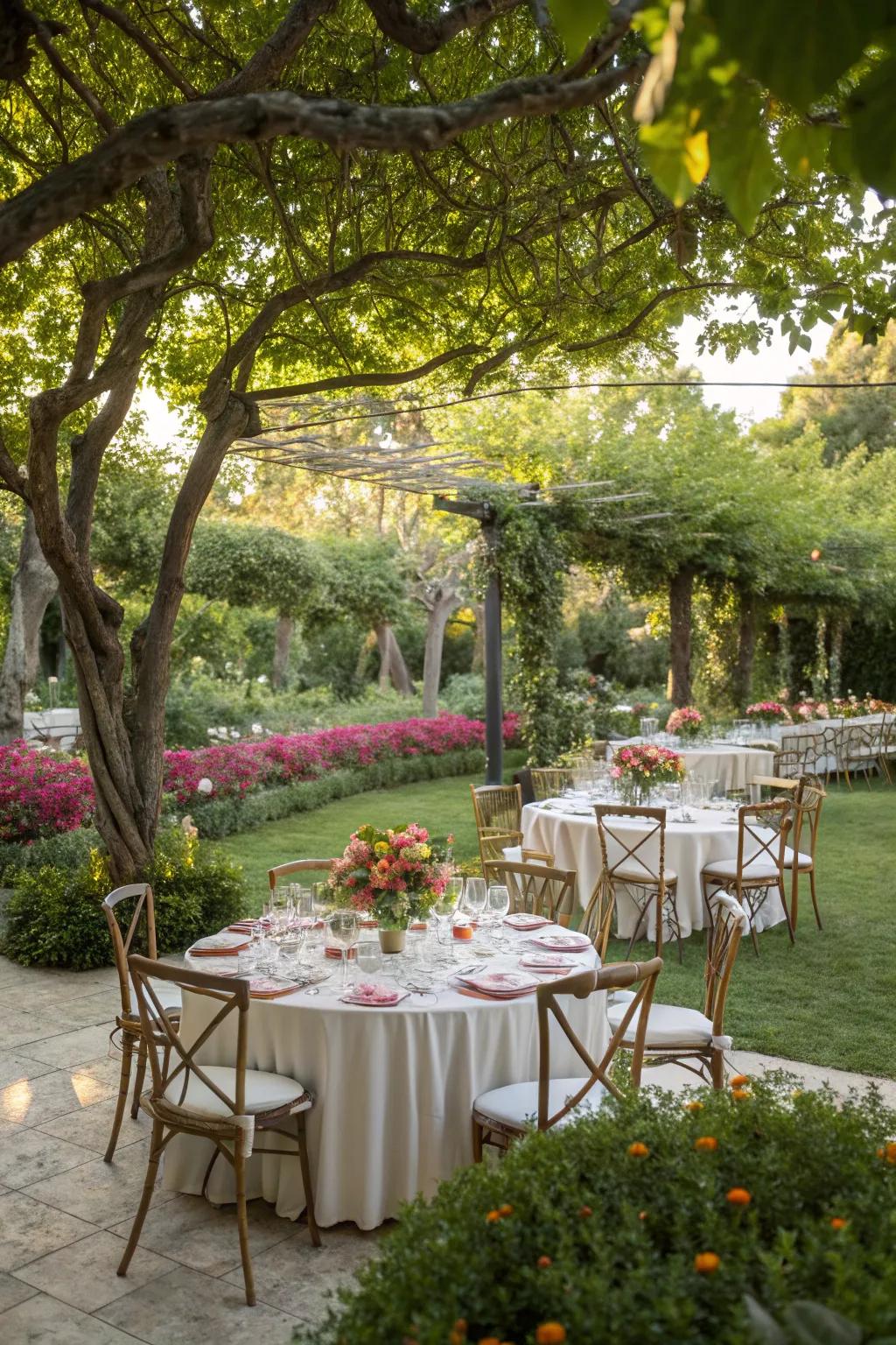 A charming outdoor setup for a wedding breakfast immersed in nature.