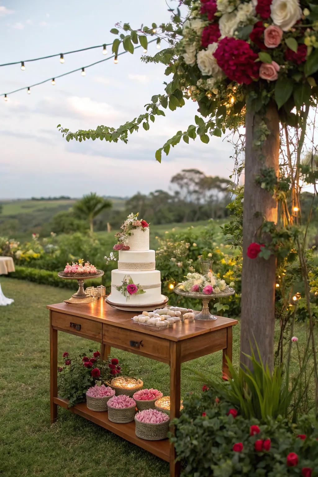 A wedding cake displayed amongst the innate splendor of a garden.