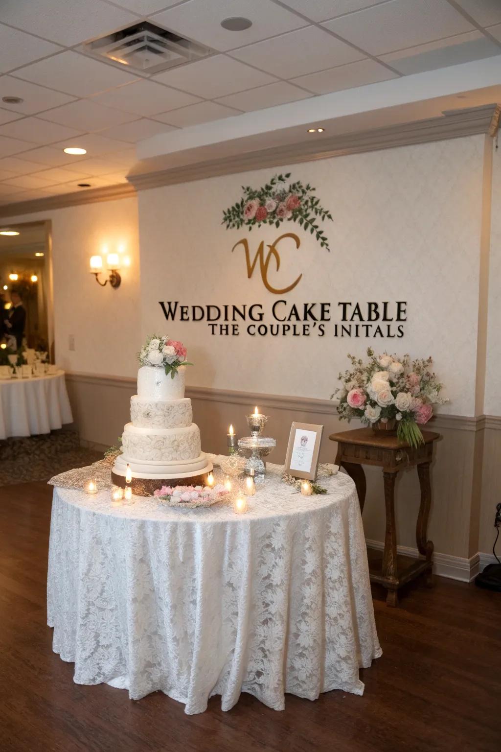 A personalized wedding cake table featuring bespoke signage.
